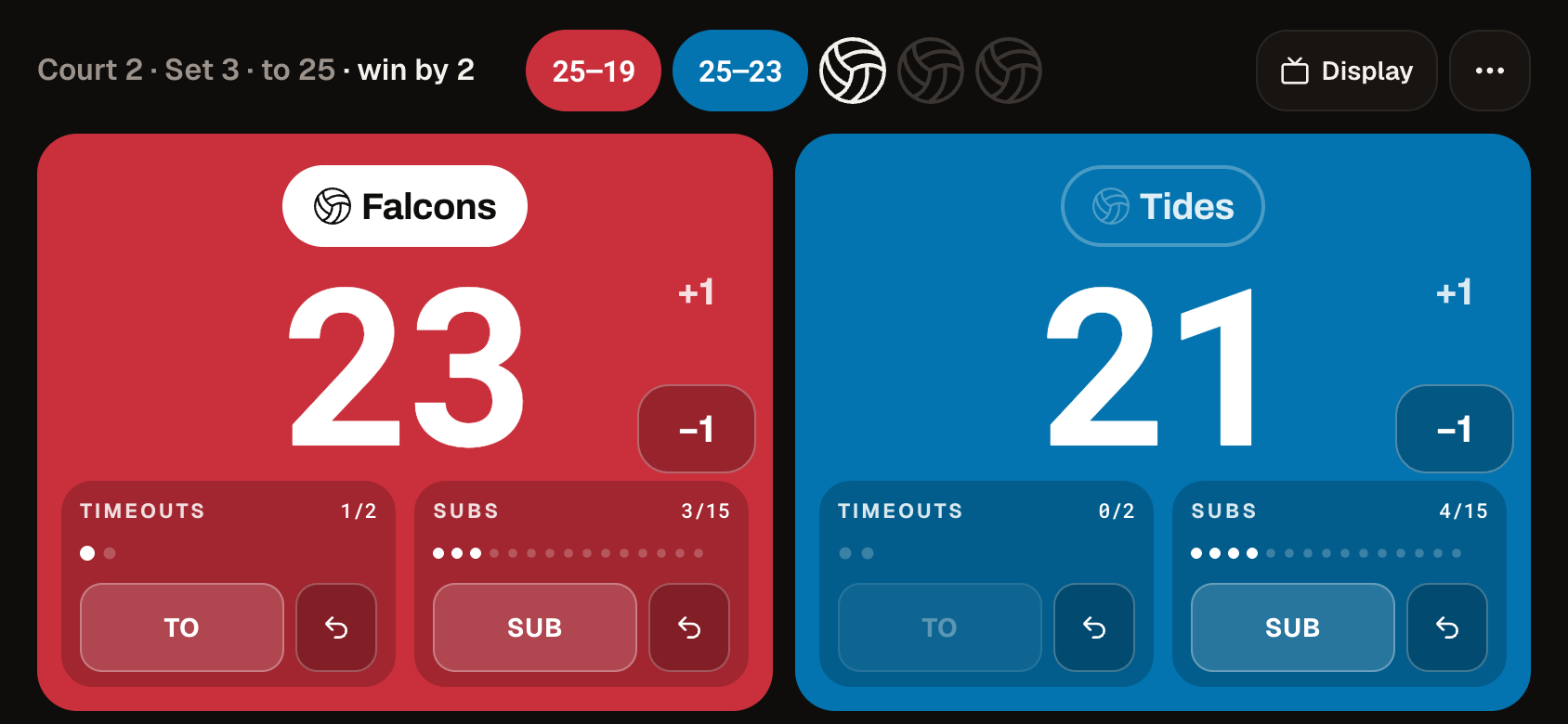 VolleyScorer scoring view on a phone, landscape